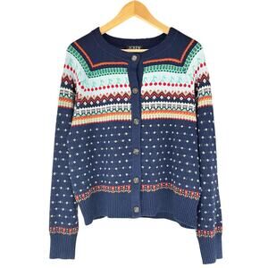 J. CREW Fair Isle Birdseye Cherry Lambswool-Blend Navy Blue Cardigan Size L